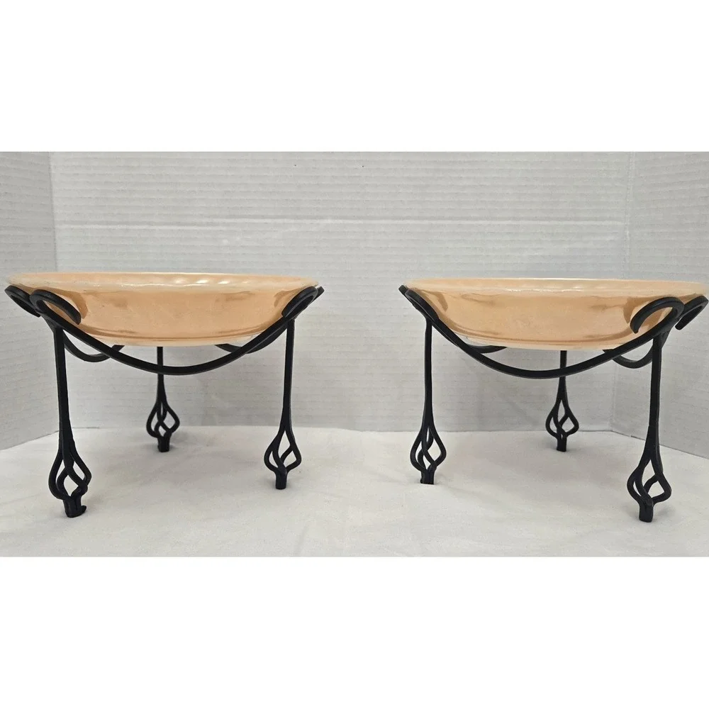 Vtg 2 Fire-King Peach Lustre Swirl Bowls with Meta Scroll Stands Anchor Hocking
